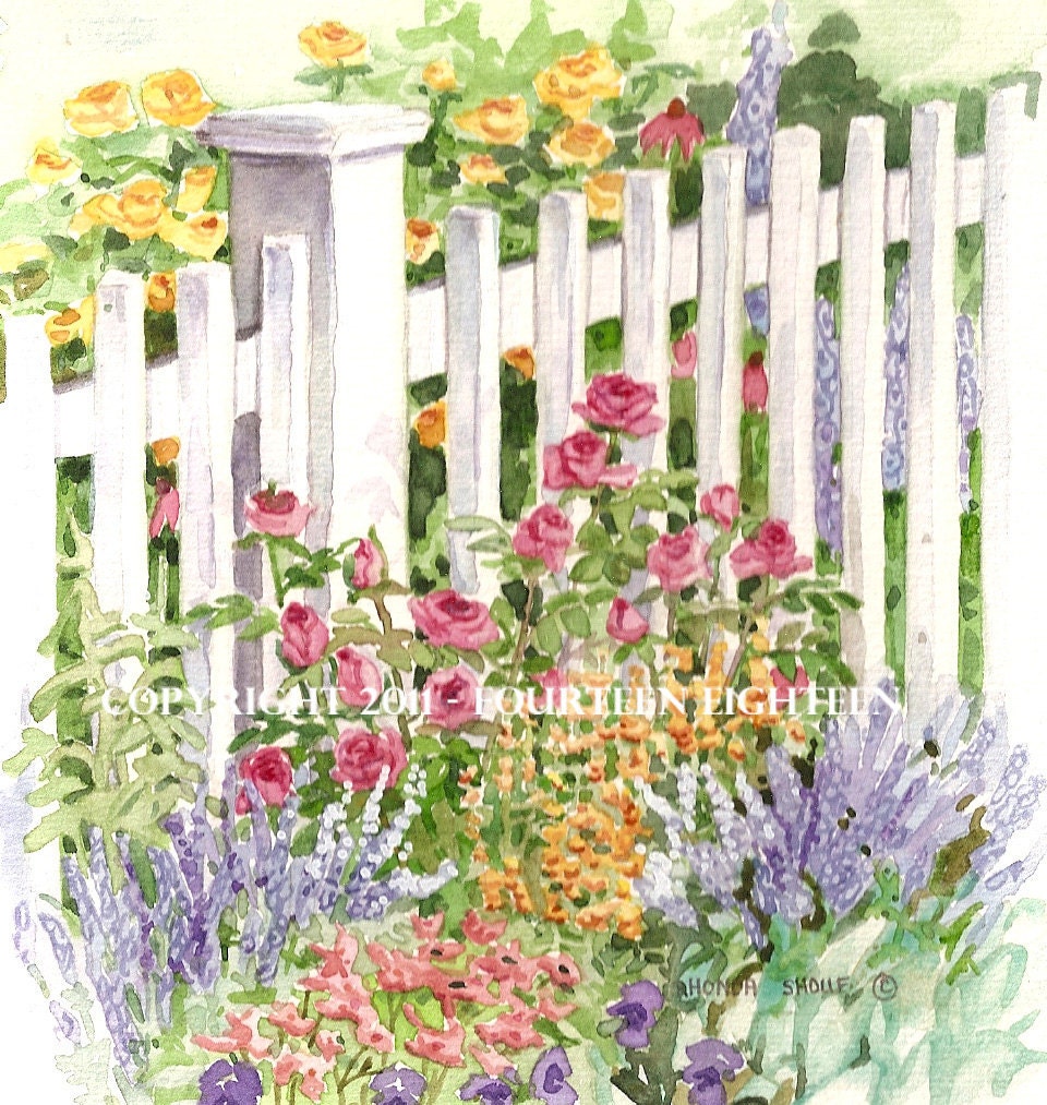 watercolor print. White Picket Fence -- print of original watercolor painting
