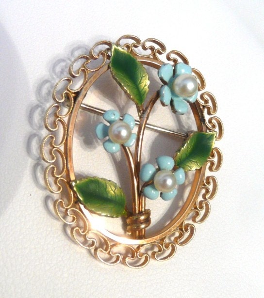 Krementz Flower Pin, Enameled Forget-Me-Not with Pearl Center