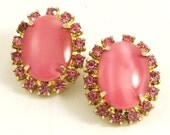 Vintage 1960s Earrings Rhinestone Clip Ons Pink Marbled