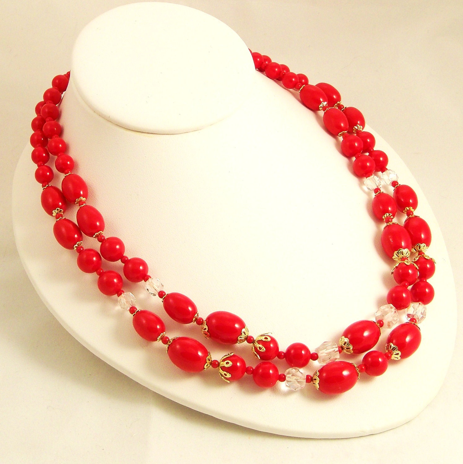 Vintage 1960s Necklace Multi Strand Cherry Red Beads