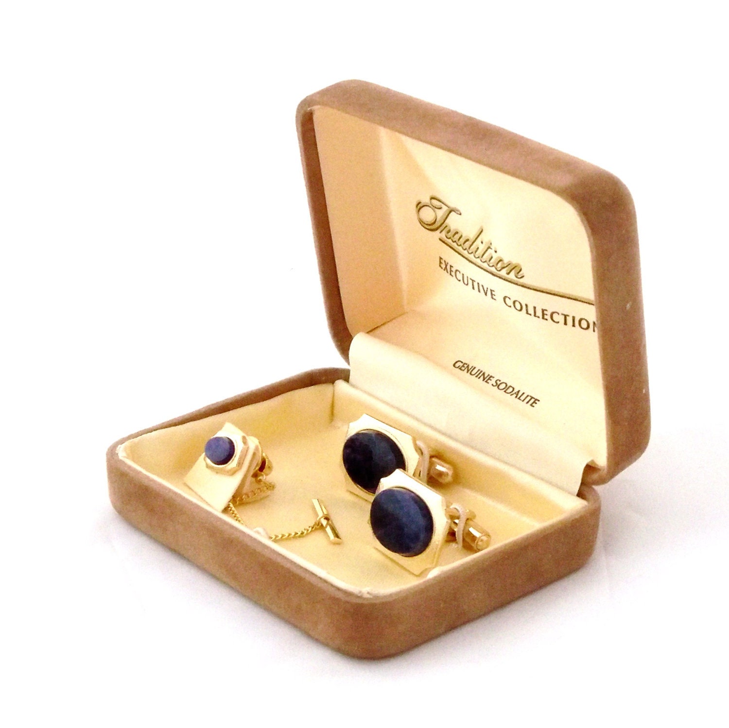 Vintage Mad Men Cuff Links Cufflinks 1960s Sodalite Tie Tac in Original Box