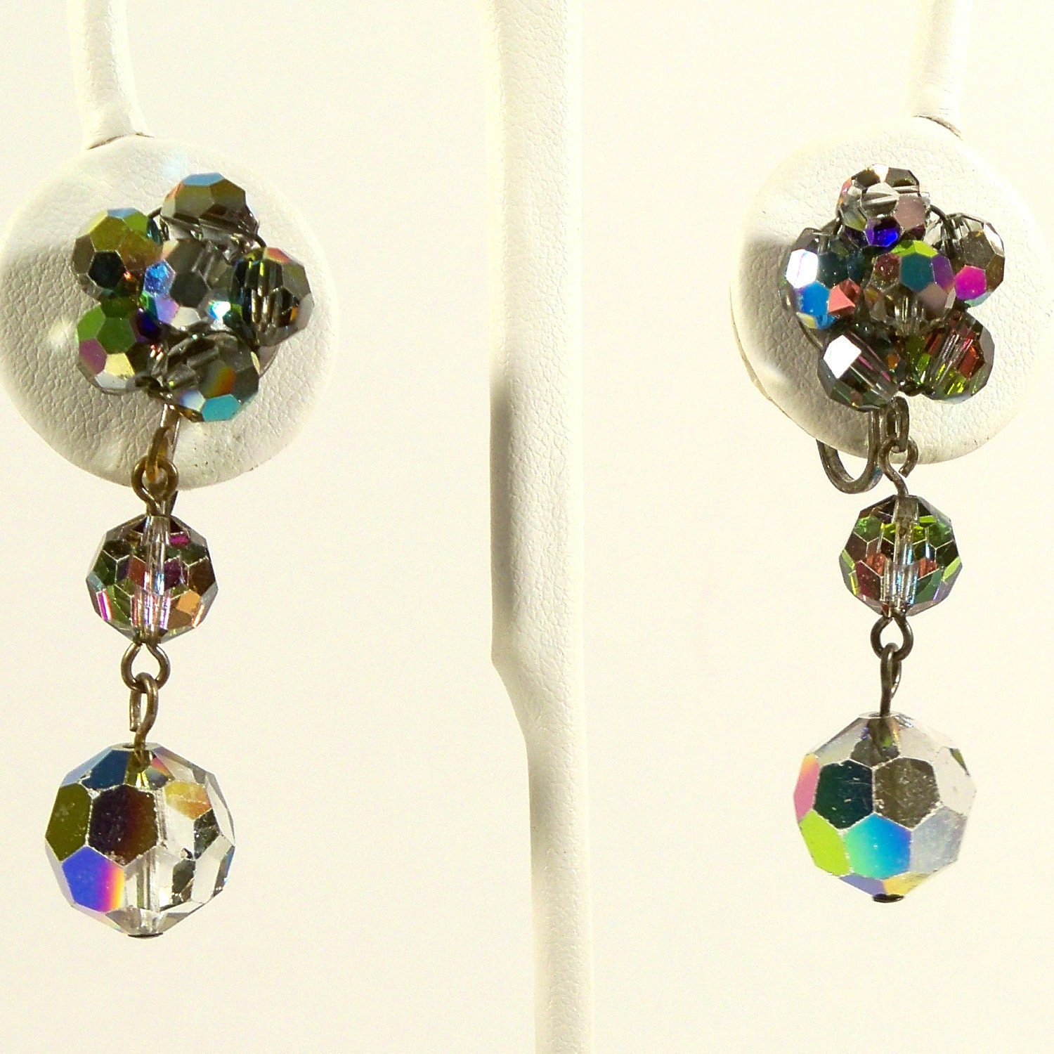 Vintage 1960s Earrings Peacock Iridescent Glass Beads Drop Clip Ons
