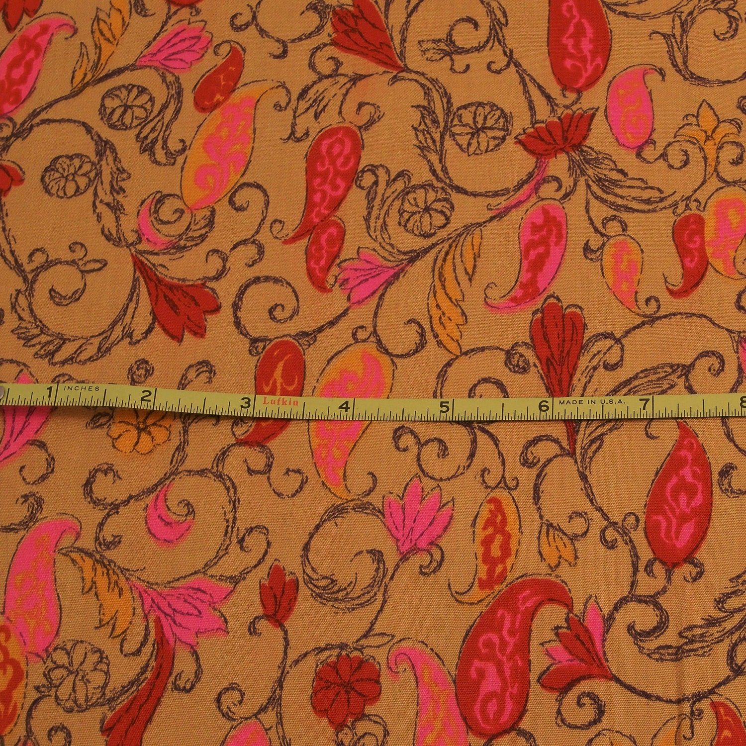 Vintage 60s Fabric 2.5 yds Mod Paisley Hot Pink Dark Red Coffee Tangerine