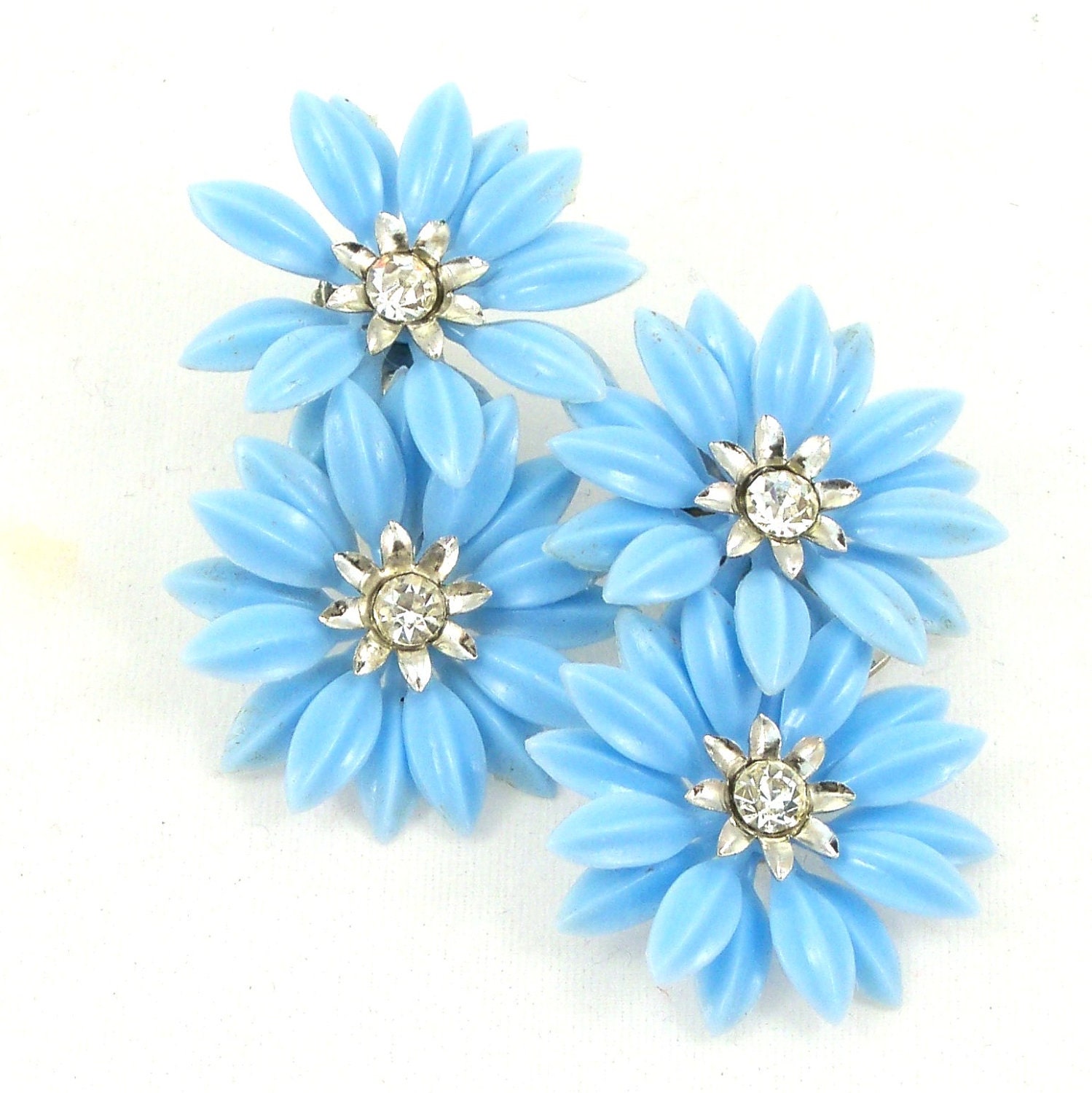Vintage 1960s Earrings Baby Blue Flowers Rhinestones Clips Ons Probable Germany