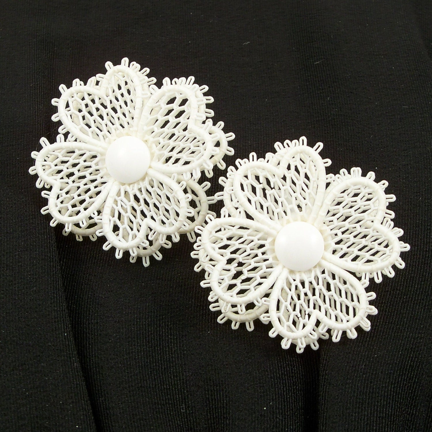 Vintage 1960s Earrings White Lace Flowers Plastic Clip Ons West Germany