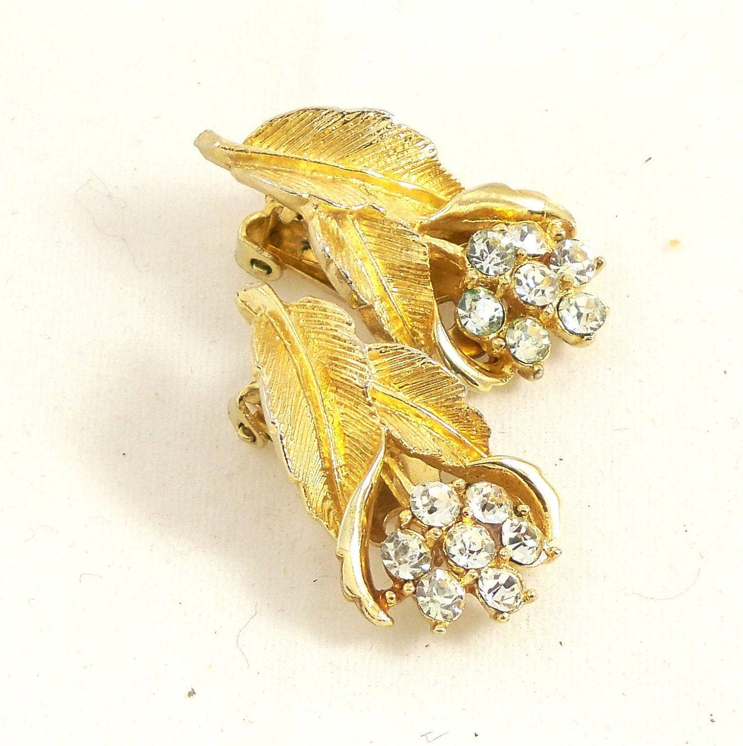 Vintage 60s Earrings Rhinestone Coro Gold Bouquet Clip Ons