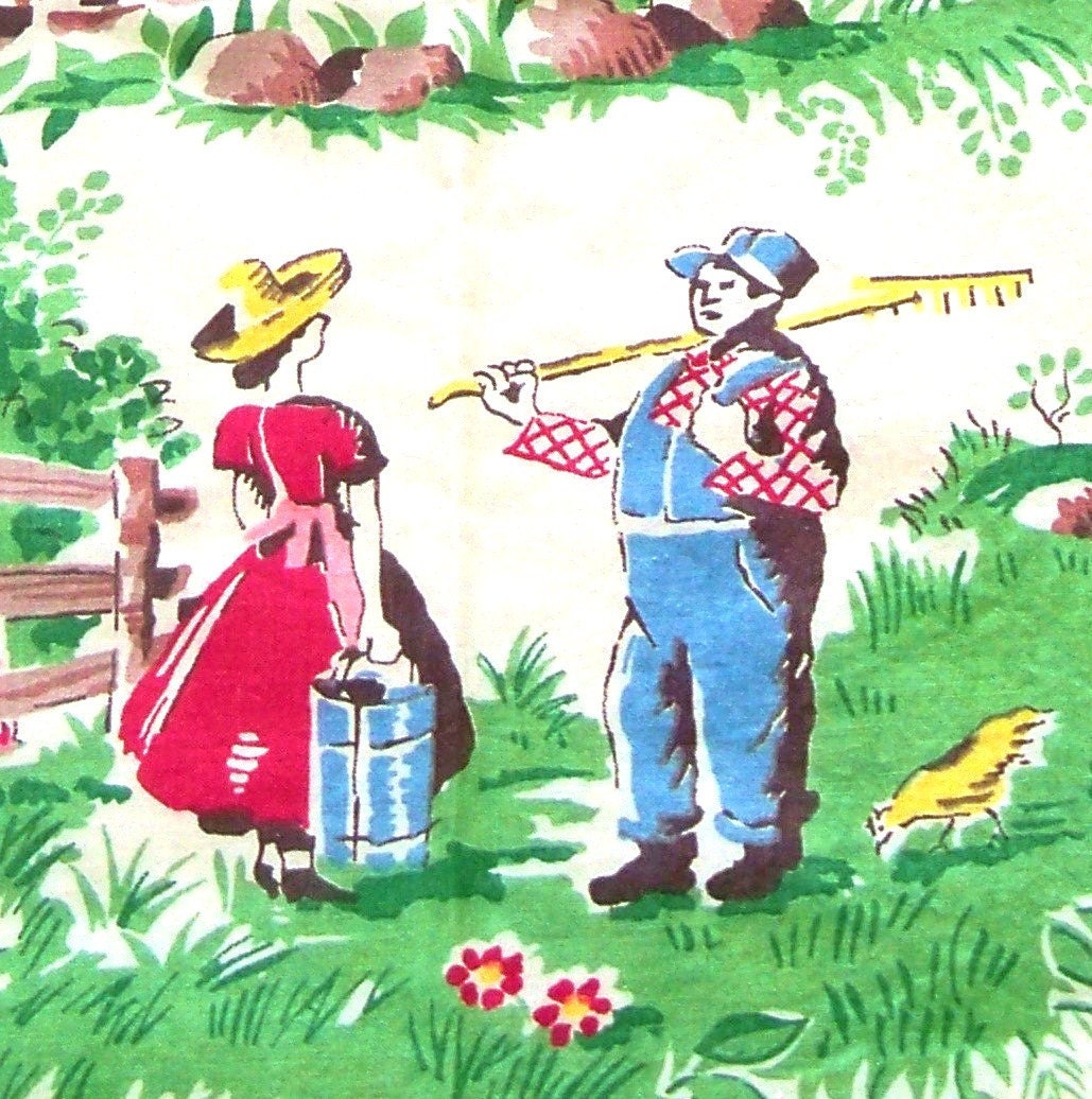 Vintage 50s Happy Farmer Fabric Chintz Curtain Panel