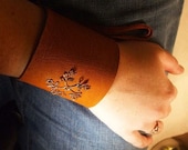Pretty Leather Handmade Cuff- honey brown with copper tree branches