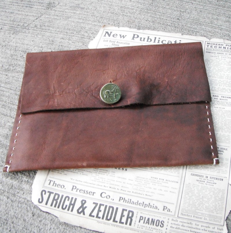 Rugged Leather Folio/Case - for Ipad, laptop, sketchbook, pencils - handmade laptop sleeve made from chestnut brown leather.
