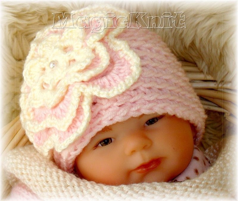 018 Pink Rose Baby Girl Crochet Chunky Beanie Hat - with Perl 0 to 3 Months.Great for Photo Prop.