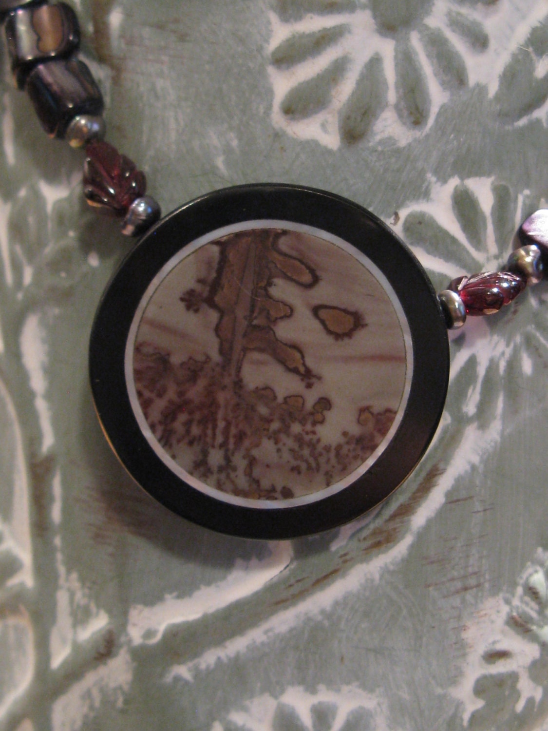 Intarsia Pendant on Beaded Necklace with Matching Earrings