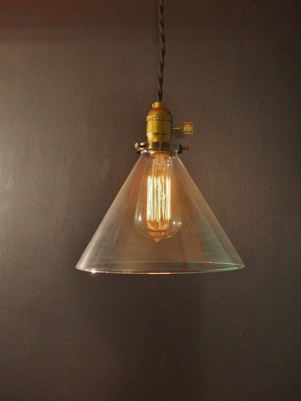 Vintage Industrial Hanging Light with Glass Cone Shade - Machine Age Minimalist Bare Bulb Pendant Lamp