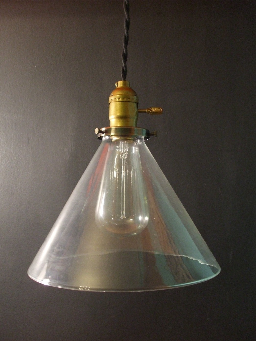 Vintage Industrial Hanging Light with Glass Cone Shade - Machine Age Minimalist Bare Bulb Pendant Lamp