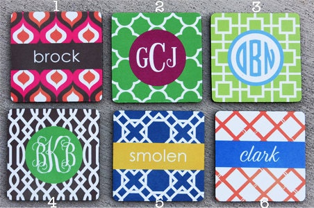 monogrammed coasters - choose one of 6 preset designs, customize name/initials only -  set of 4 (all exactly same)