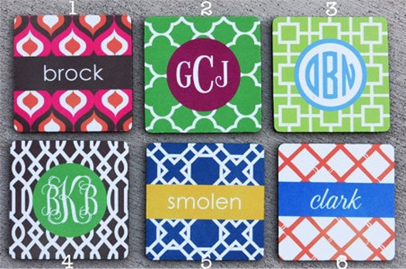 monogrammed coasters - choose one of 6 preset designs, customize name/initials only -  set of 4 (all exactly same)