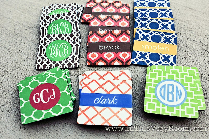 monogrammed coasters - choose one of 6 preset designs, customize name/initials only -  set of 4 (all exactly same)