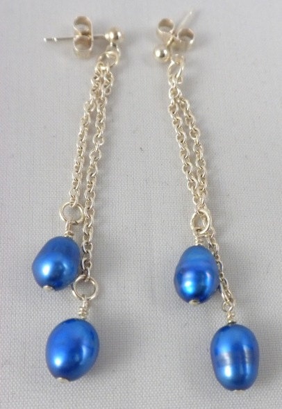 SALE Sterling Silver chain drop petrol blue freshwater pearl earrings