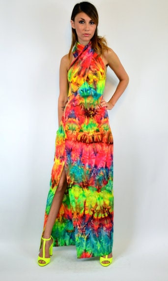 reserved--neon OMBRE tie dye BOHO high slit goddess MAXI dress, extra small - medium