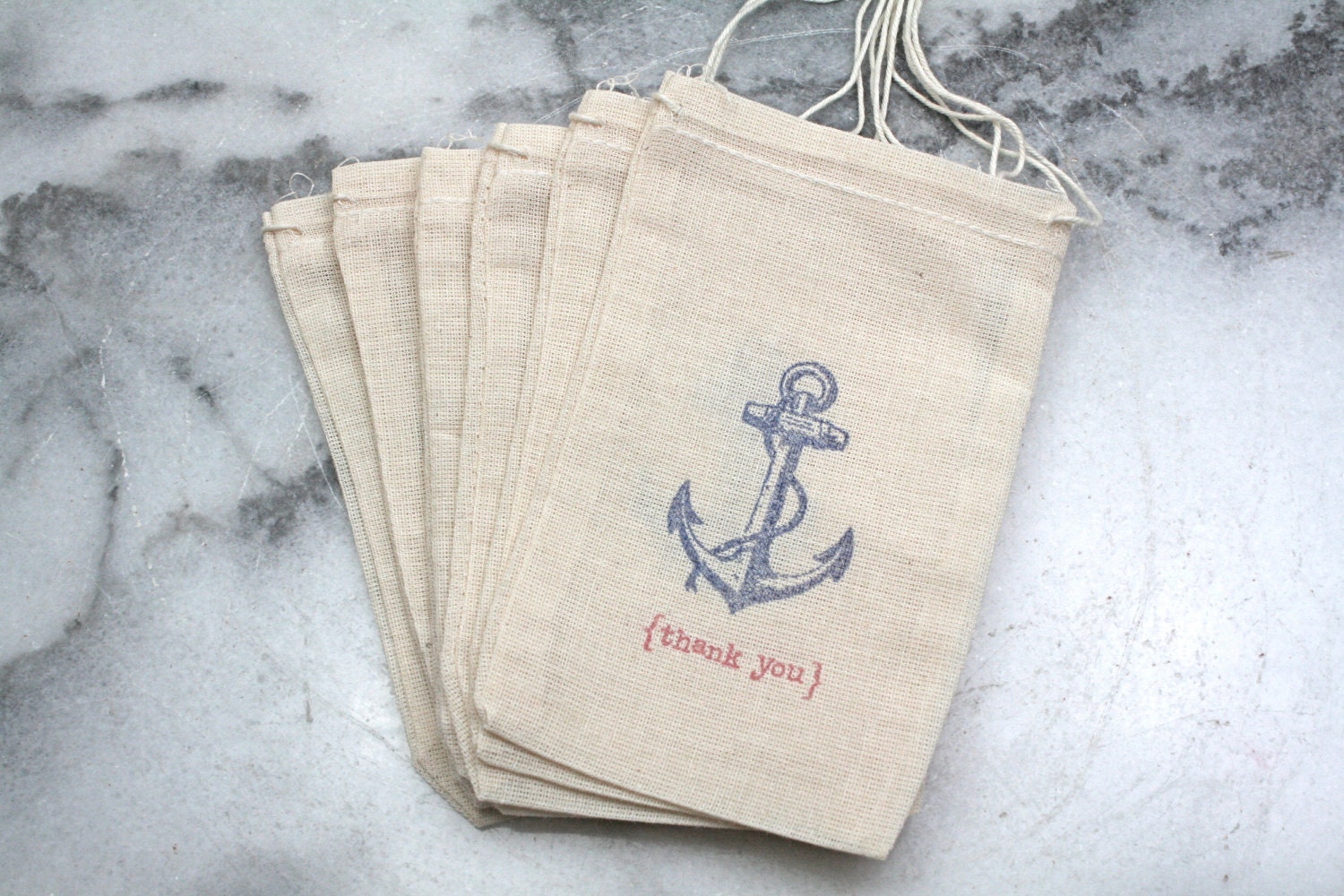 Nautical favor bags, muslin, 3x5. Set of 40. Vintage style anchor and Thank You typewriter font, red and navy blue.