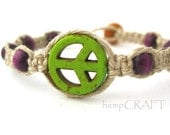 Hemp Bracelet, Peace Sign - Green Magnesite Purple Wood Beads