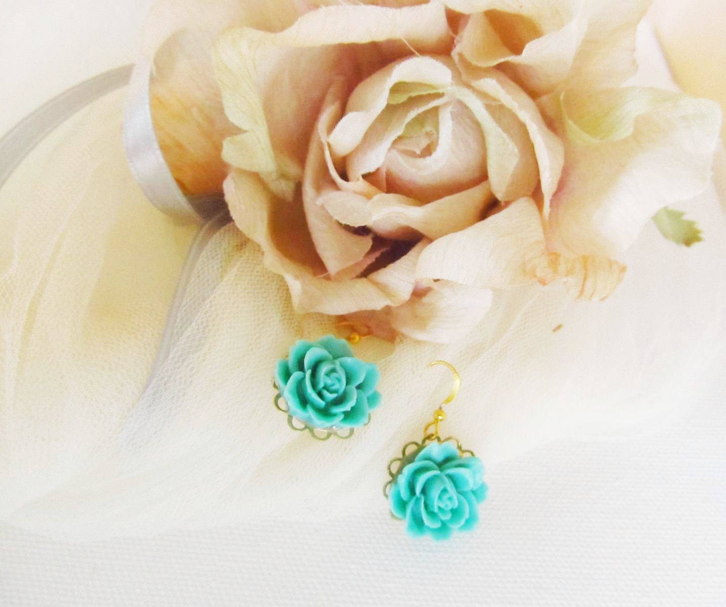 Seafoam - teal flower earrings, Simple  Romantic Earrings, seafoam  flower, gold plated wire hook, great gift for holiday
