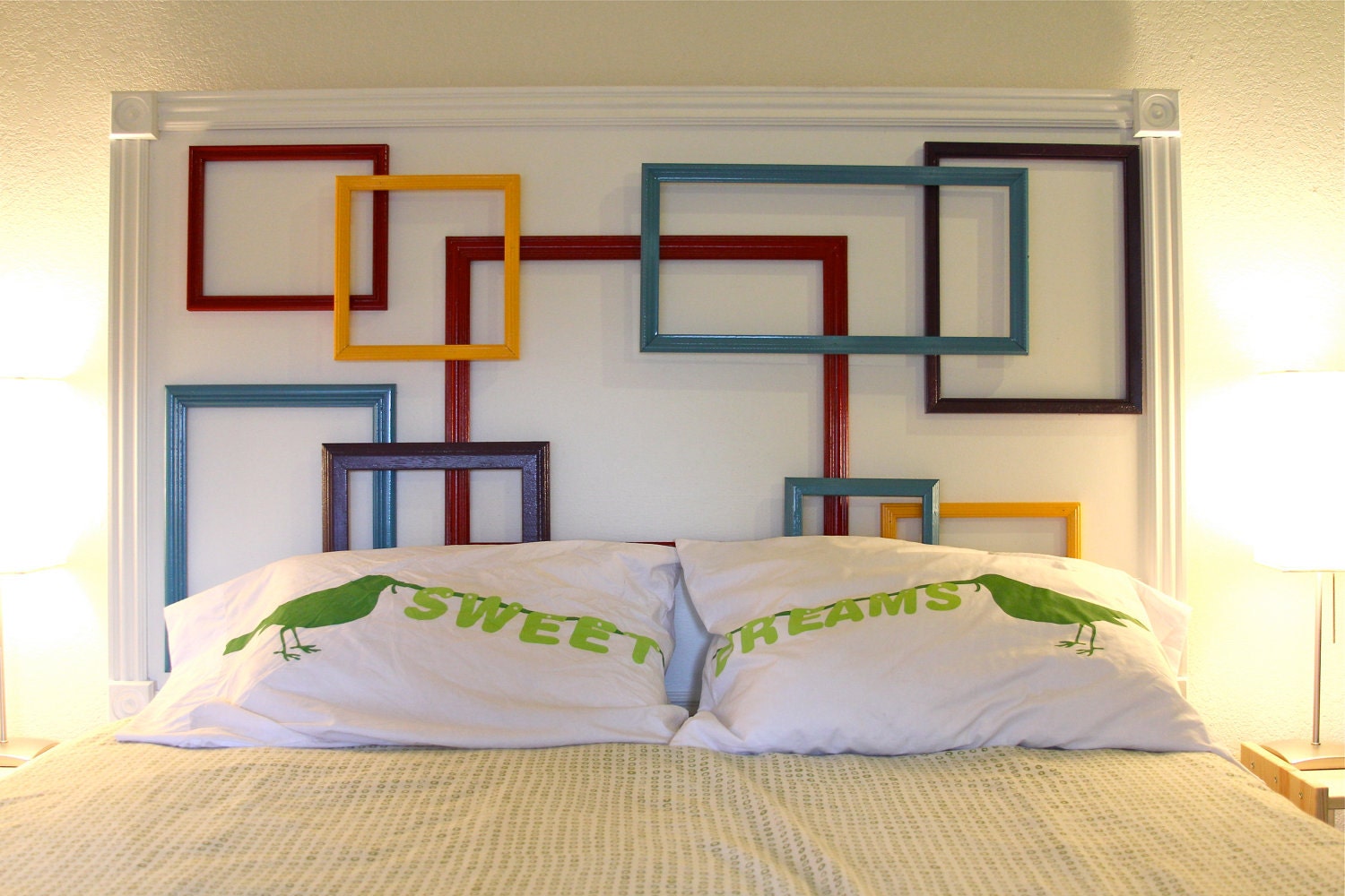 Repurposed Wood Door and Vintage Frames Headboard