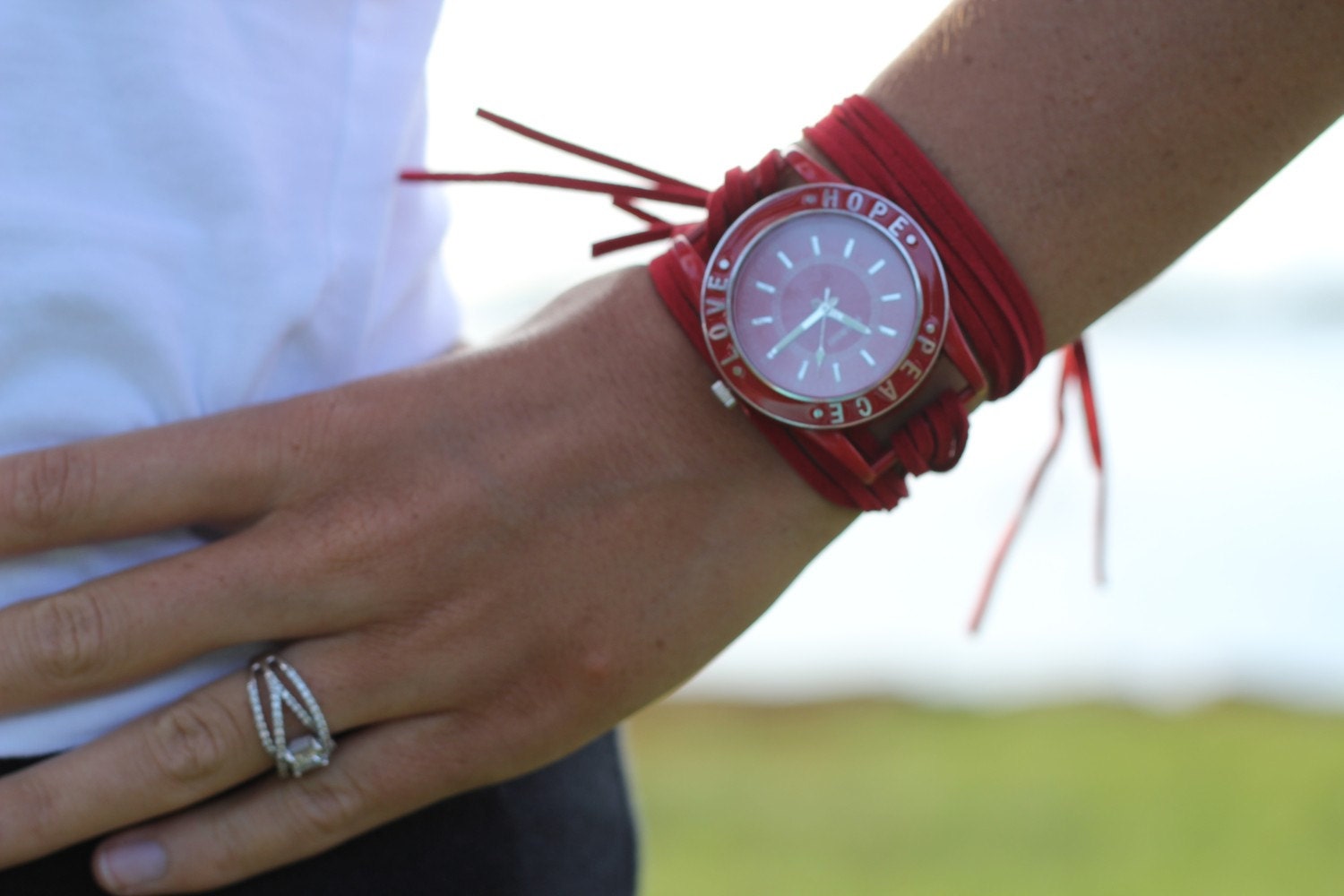 Red Suede Bracelet Watch with Red Inspirational and Interchangeable Face