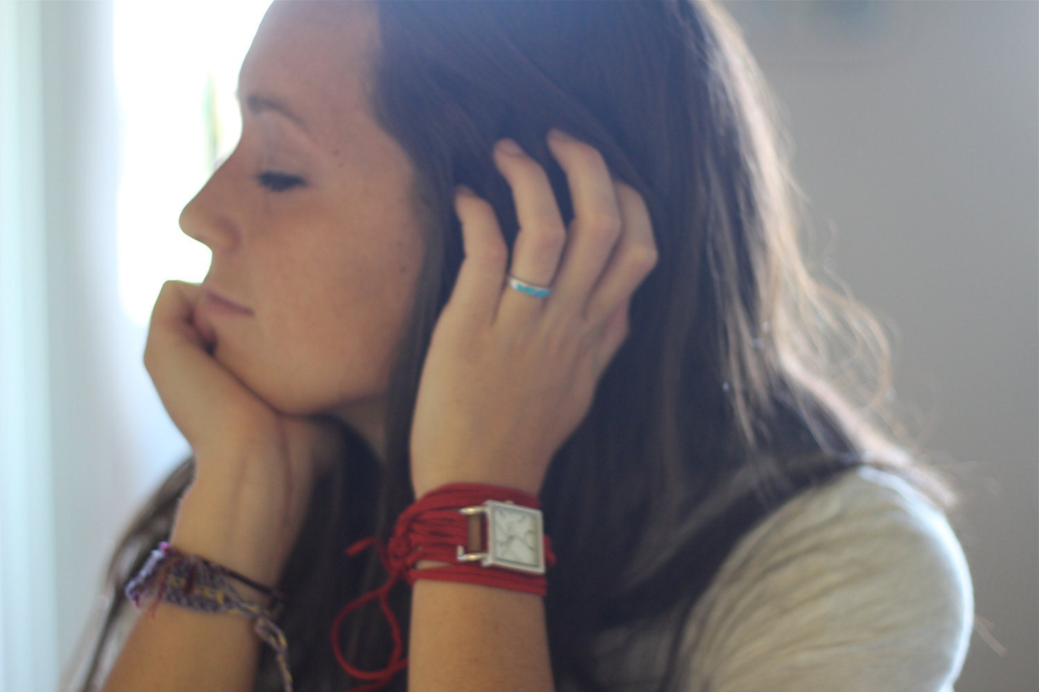 Red Suede Bracelet Watch with Small White Interchangeable Face