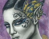 Fairy Portrait with Tattooed Face, Fantasy Art Giclee Print, Mixed Media/Collage, Matted to 11 x 14
