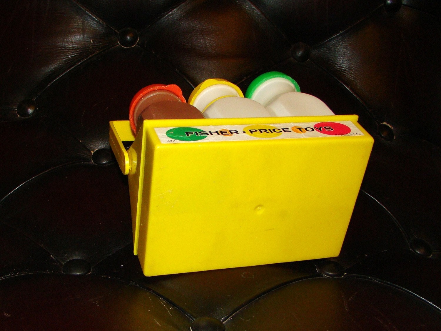 Vintage 1960s FISHER PRICE Milk Jug and Case Toy with Plastic Bottles and Lids Carrier Crate