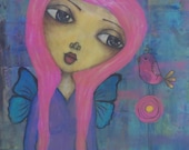 Mixed Media Original Painting "Bethany" Whimsical Winged Girl with Pink Flower and Pink Bird