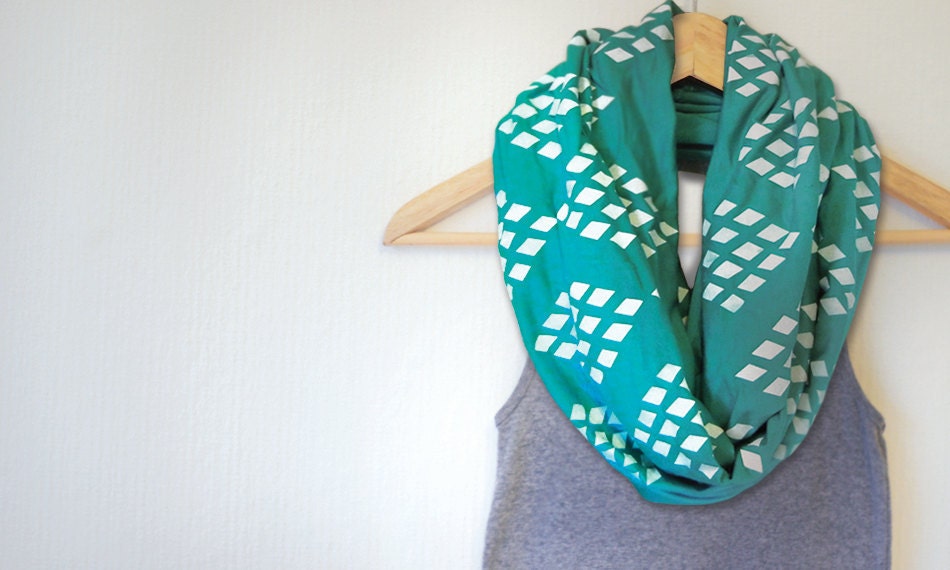 INFINITY SCARF - Screen Printed - White Diamonds on Teal