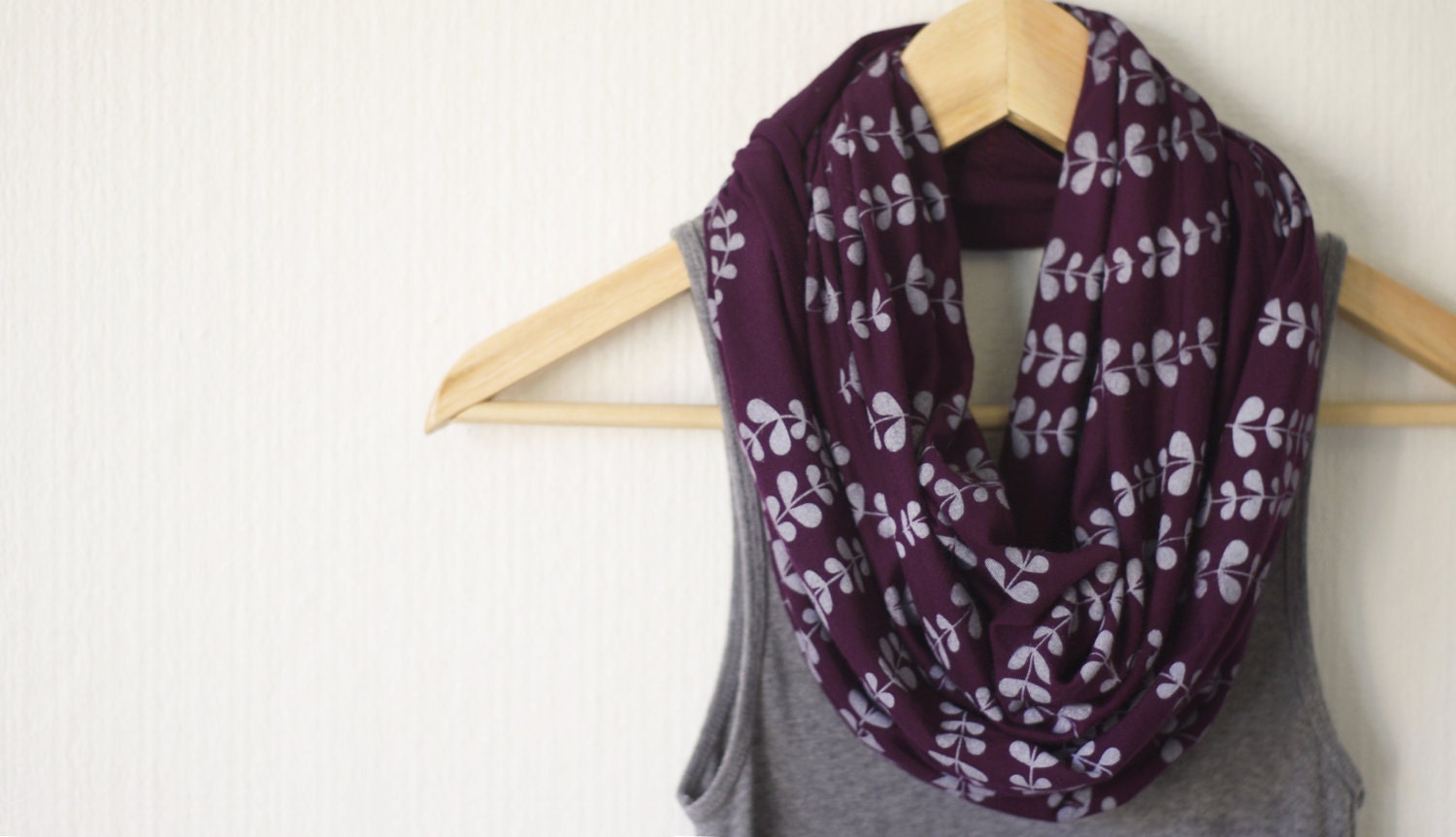 INFINITY SCARF - Screen Printed - Gray Vines on Plum