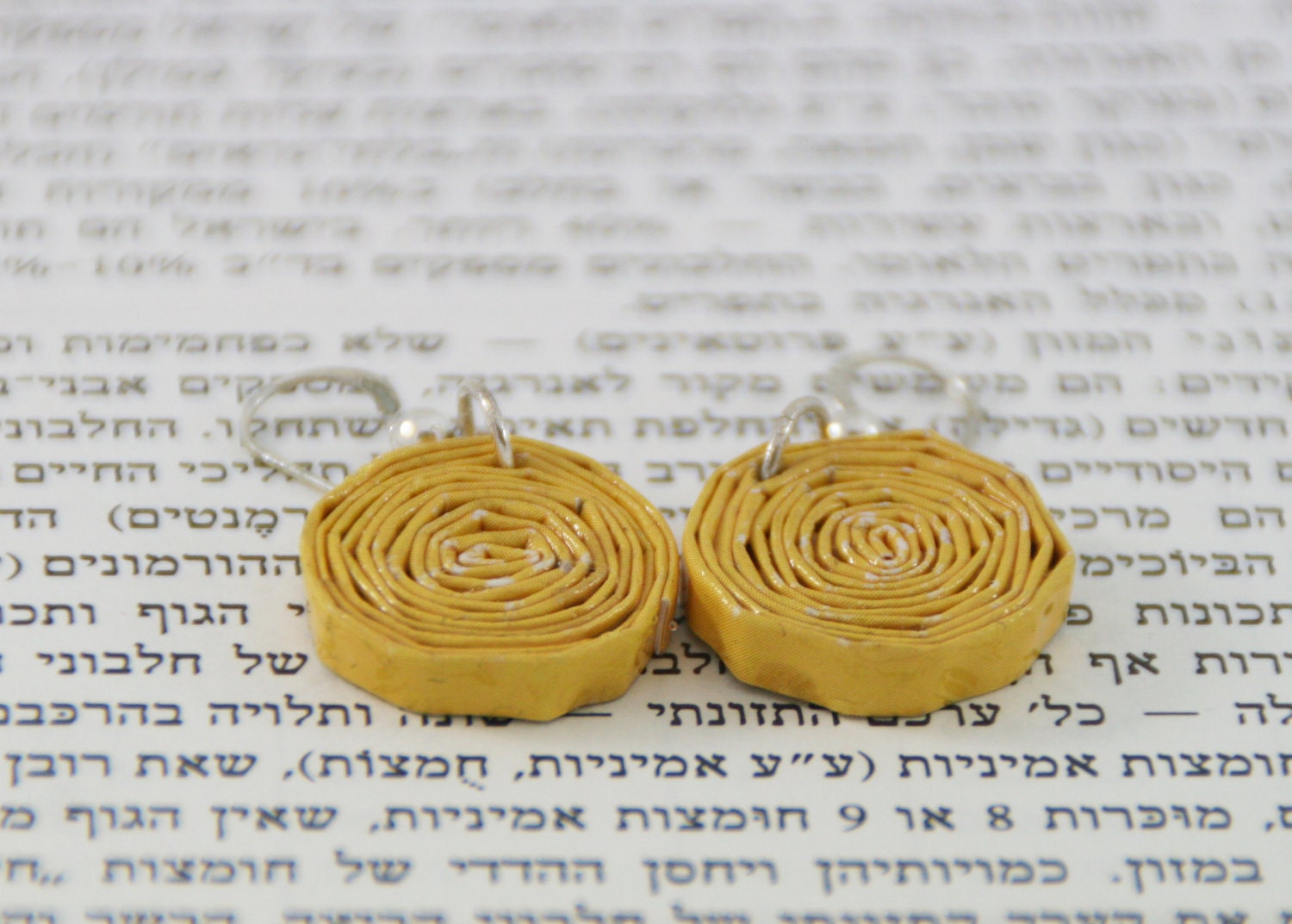 FREE SHIPPING: Paper beads earrings - a pair of yellow beads made of quality paper, hang from fine sterling silver wire