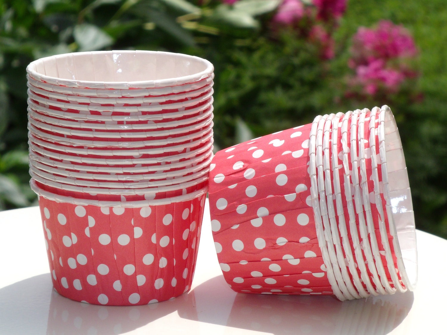 MINI Pink (dark) and White polka dot baking cups (24) nut, candy, icream. treat, portion, cupcake cups