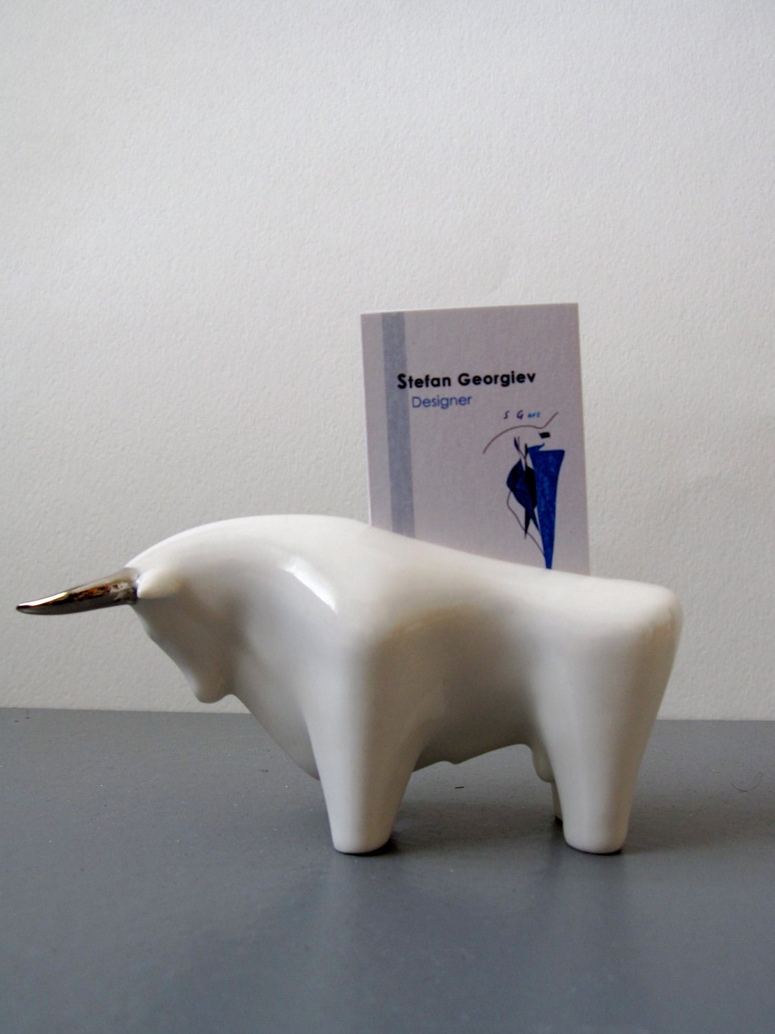Handmade porcelain white BULL business card holder