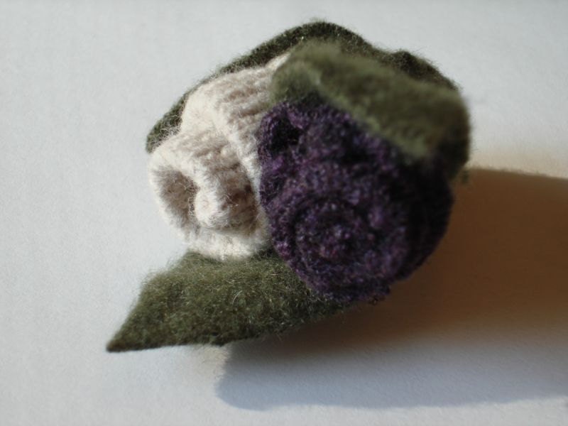 Flower Pin No.065 Plum and Oatmeal Merino Wool Rosettes with Loden Green Cashmere Leaves