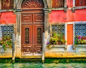 Buon Giorno, Venice - Fine art travel photography - Venice door - windows, flowerpots, wrought iron - pink, brown, green