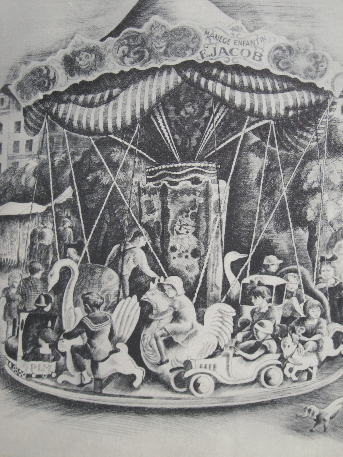 Items similar to Vintage Black and White Carousel Drawing by Howard