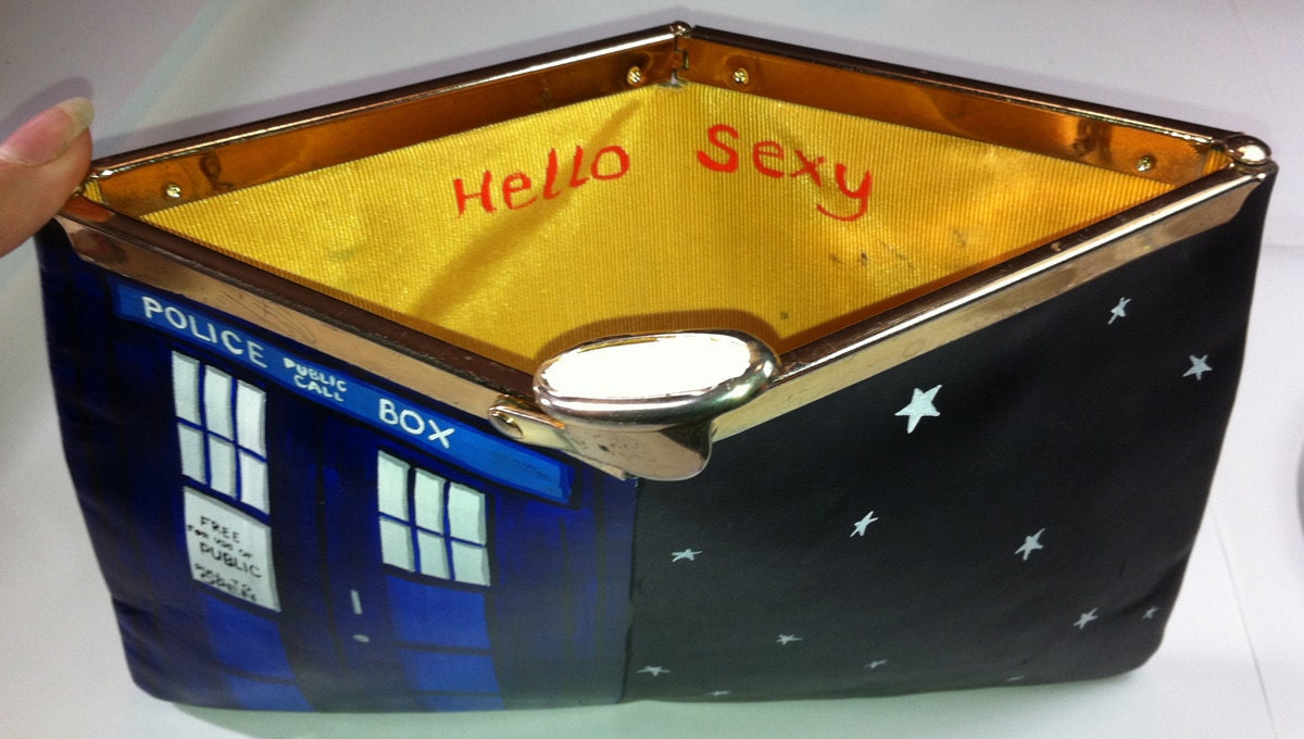 Dr Who's TARDIS: Upcycled hand painted vintage leather Etra clutch purse