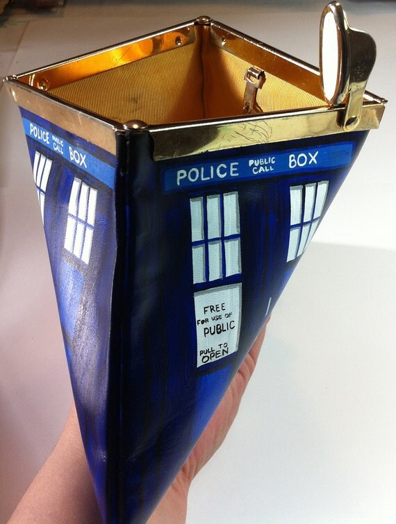 Dr Who's TARDIS: Upcycled hand painted vintage leather Etra clutch purse