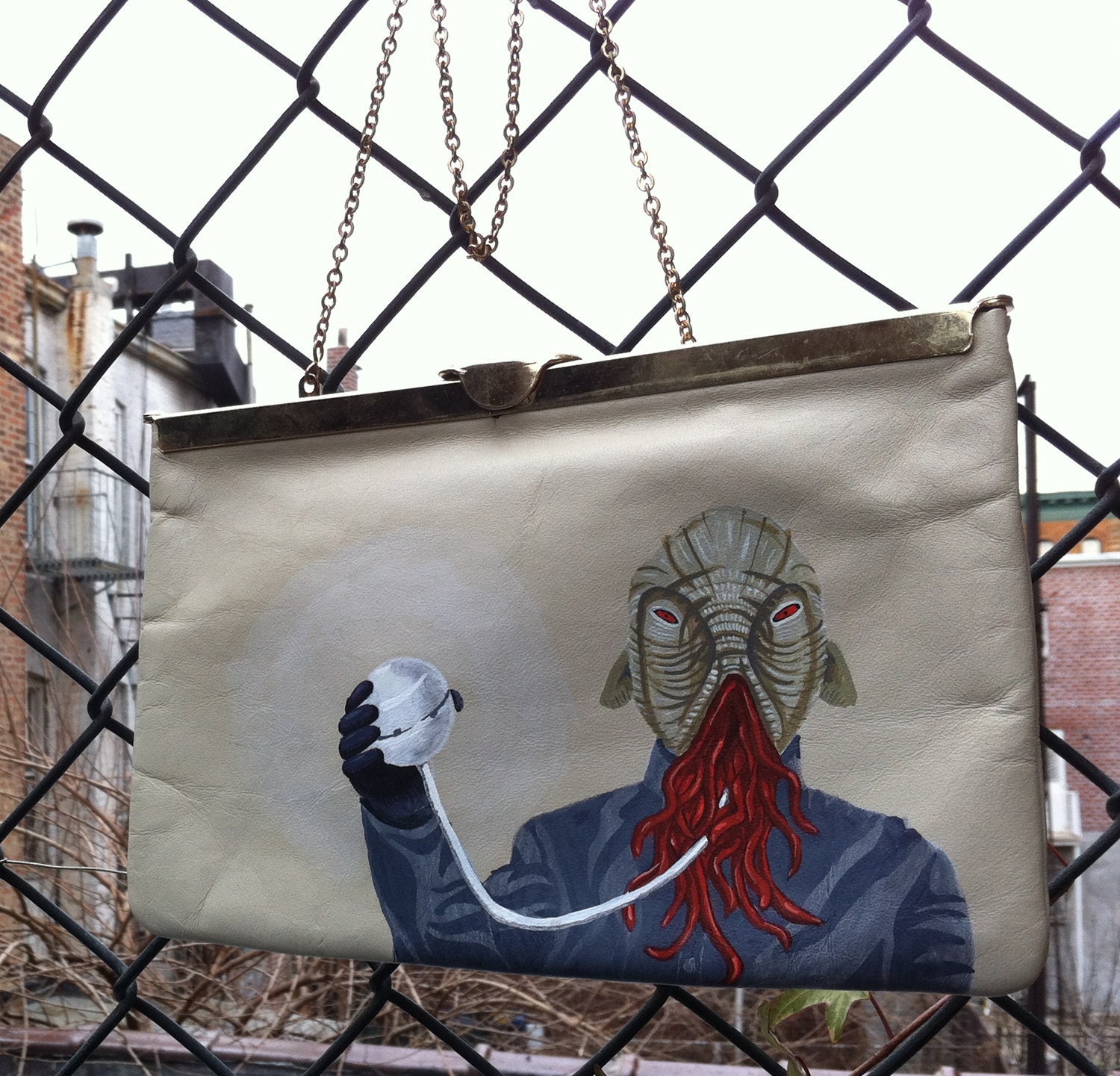 Dr Who's Ood: Upcycled hand painted vintage leather Etra clutch purse