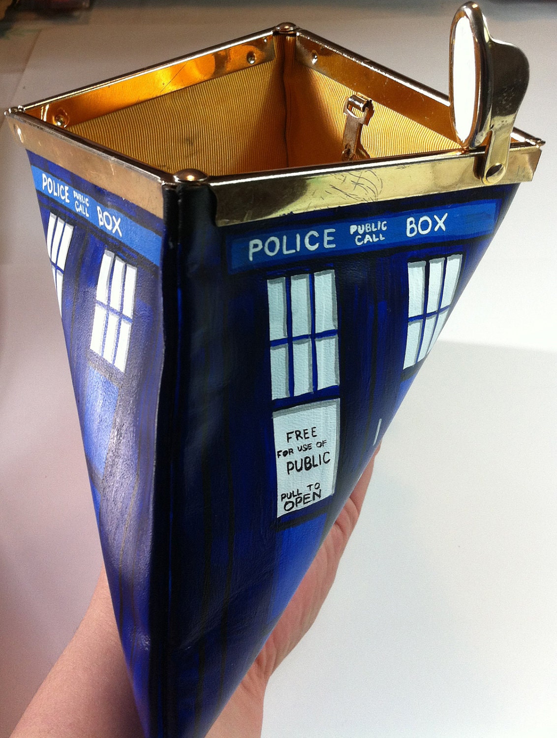 Dr Who's TARDIS: Upcycled hand painted vintage leather Etra clutch purse