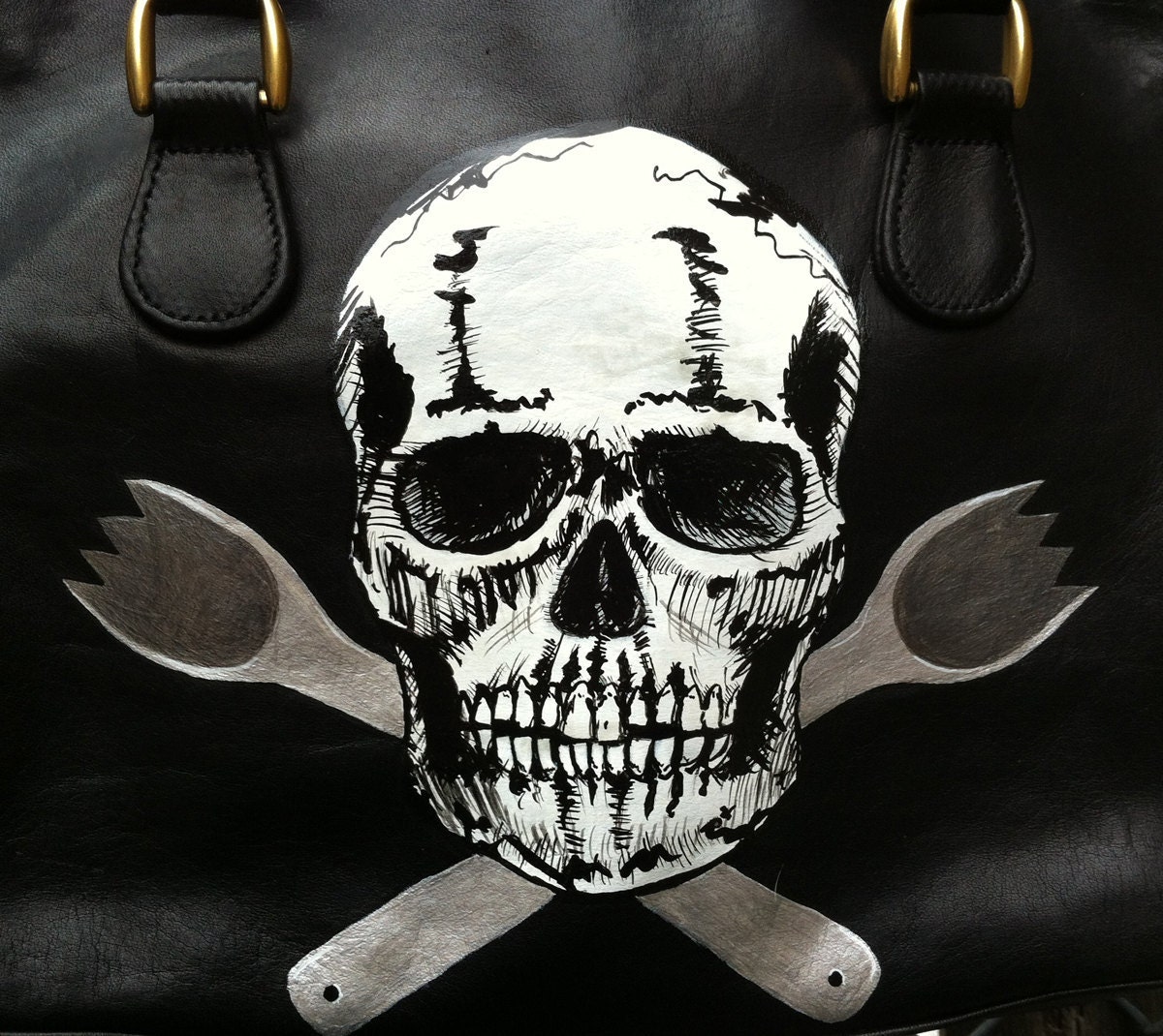 Skull and Crossed Sporks: Upcycled hand painted black leather Emily Daniell purse