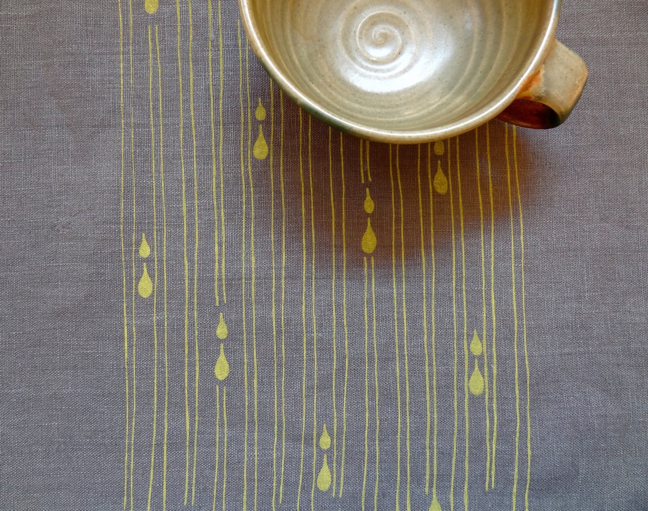 Raindrop Tea Towel - April Spring Showers - Handprinted Linen - Gray and Mustard Yellow - Original Design