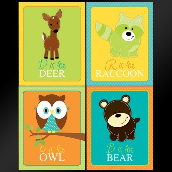 Items similar to Set of 4 Woodland Forest Friends Nursery Wall Art