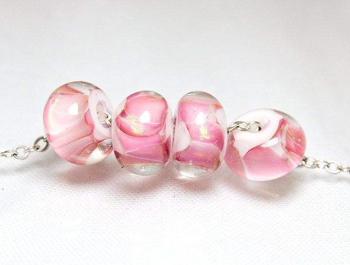 Snowy Pink Gold Accent Lampwork Set of 4 Beads
