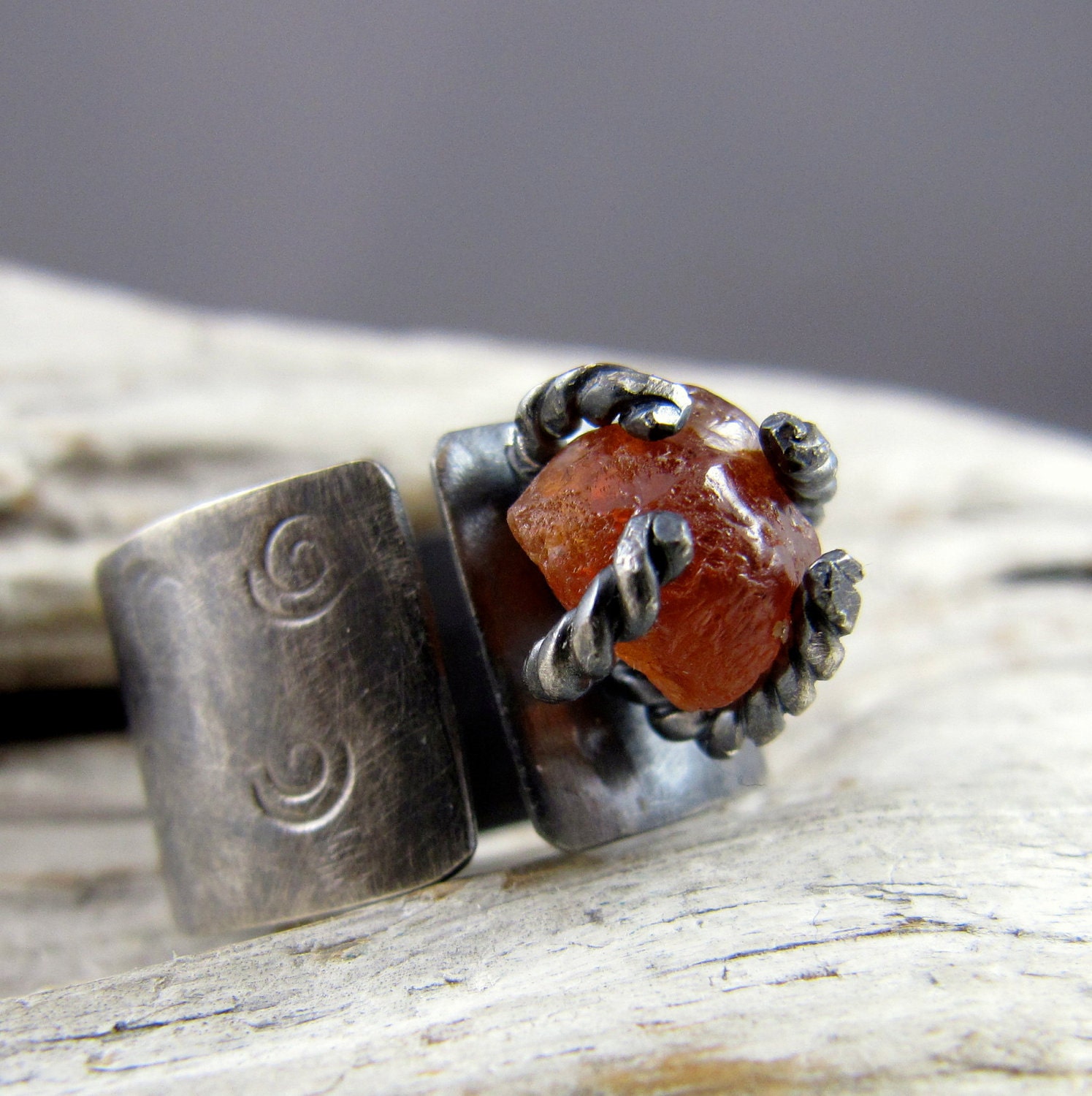 Hessonite Garnet Spiral Design Silver Ring