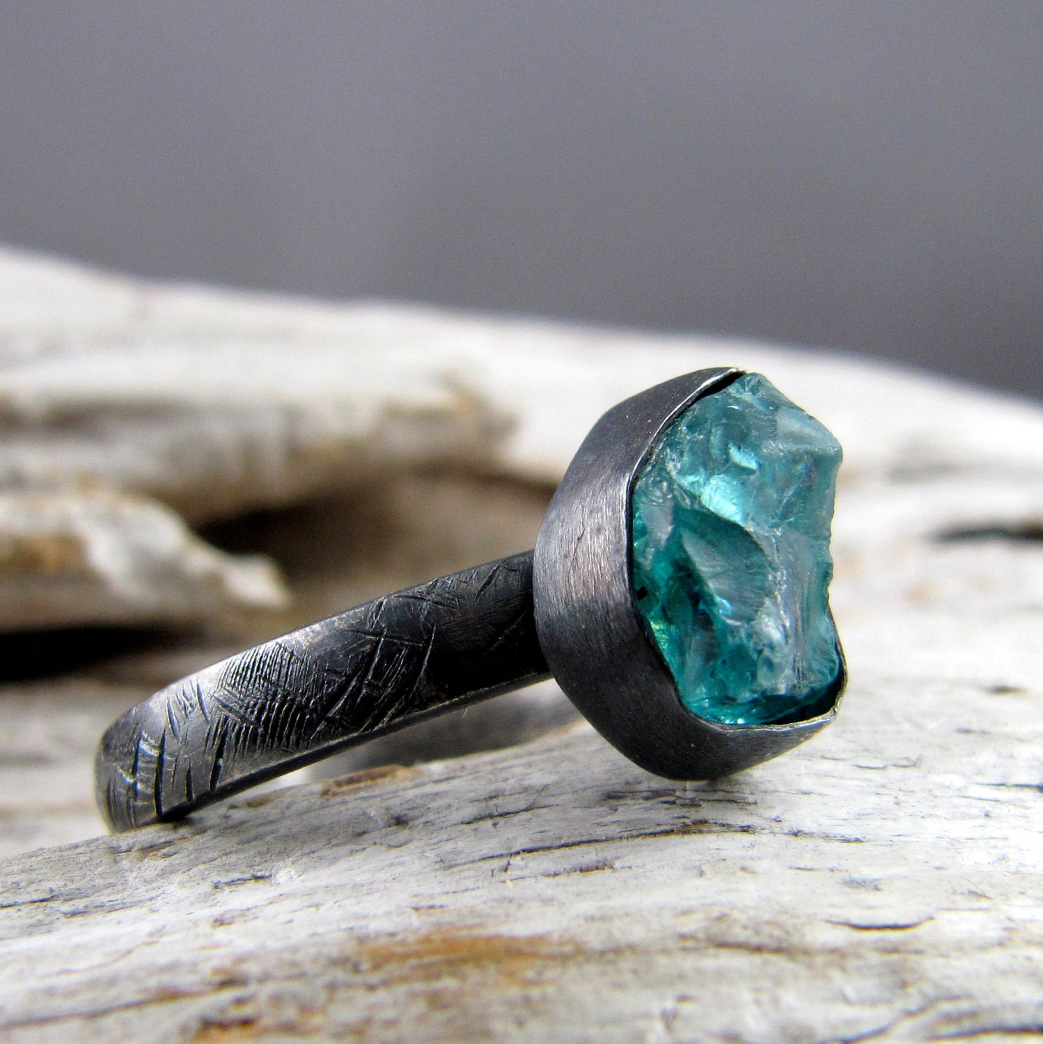 Apatite Textured and Oxidized Silver Ring