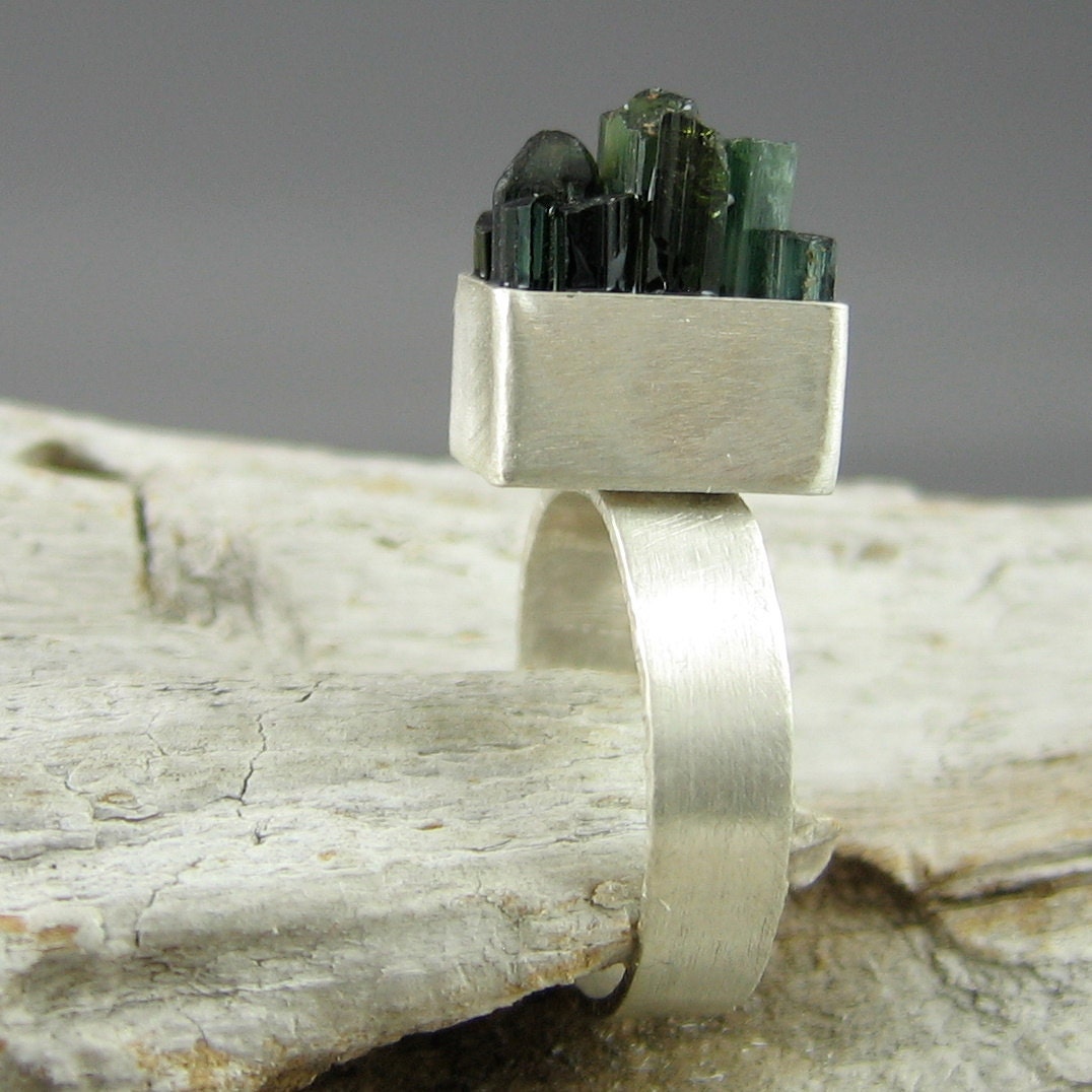 Green & Teal Tourmaline 'Sticks' Silver Ring